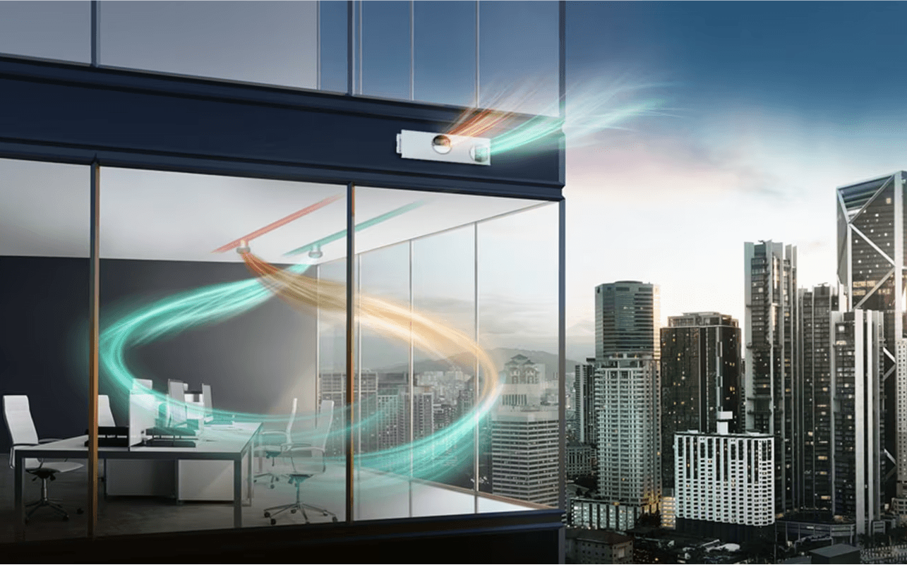 Sistema de ventilación en edificio introduciendo aire fresco en interiores