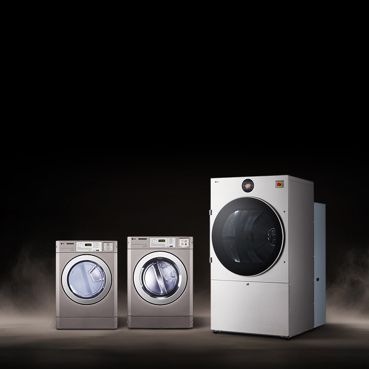 Línea de secadoras comerciales LG presentadas en un entorno industrial moderno, destacando su durabilidad y eficiencia. Secadoras LG de calidad profesional, diseñadas para brindar fiabilidad en negocios de lavandería comercial