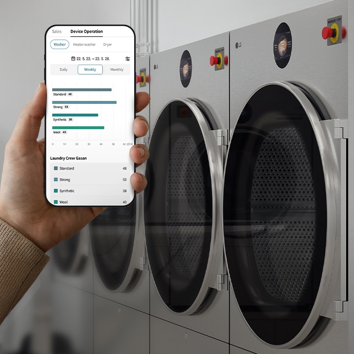 Interior de un LG Smart Laundry Lounge con lavadoras blancas apiladas y un moderno espacio de mostrador. Solución de lavandería comercial elegante y eficiente, diseñada para potenciar el éxito empresarial.