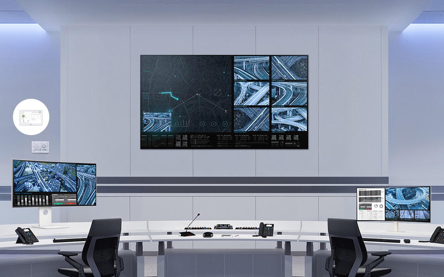 Sala de control de vigilancia de LG, con un gran Video Wall multipantalla y estaciones de trabajo para operadores, que muestra las soluciones de monitoreo integrado de LG para entornos gubernamentales y de seguridad.