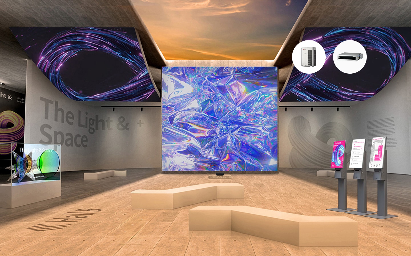 Imagen de la solución para museos de LG que muestra un espacio de exhibición envolvente con pantallas OLED y sistemas de HVAC, destacando el control climático y la señalización digital de LG para galerías modernas.