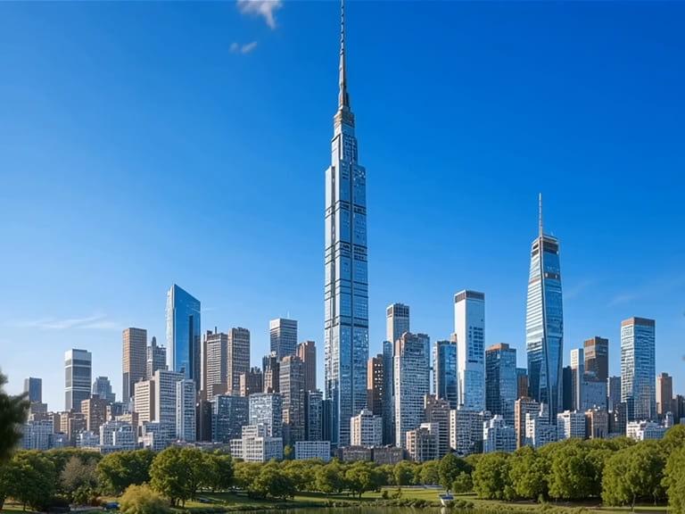 Horizonte de una ciudad moderna con edificios de gran altura y un parque verde bajo un cielo azul despejado