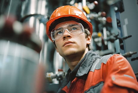 Trabajador con equipo de seguridad inspeccionando maquinaria industrial en un entorno laboral