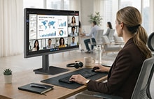 Entorno de oficina que favorece la colaboración con videoconferencia y soluciones de espacio de trabajo digital