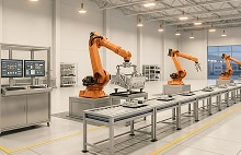 Entorno de fábrica inteligente con líneas de producción automatizadas y sistemas de control industriales