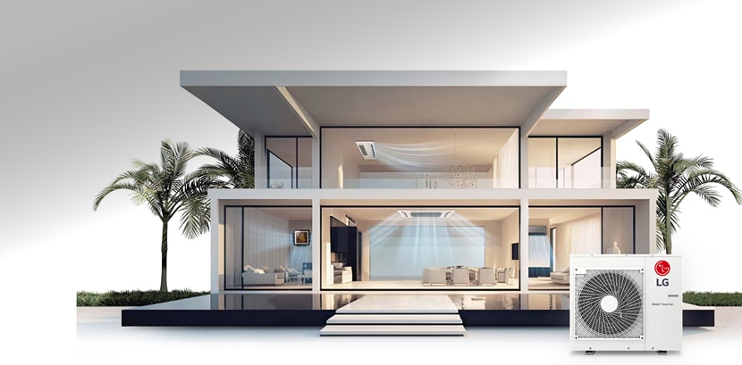 El exterior de una casa moderna de lujo con una unidad exterior Smart Inverter de LG visible, que simboliza la calefacción eficiente del agua y la comodidad del hogar.