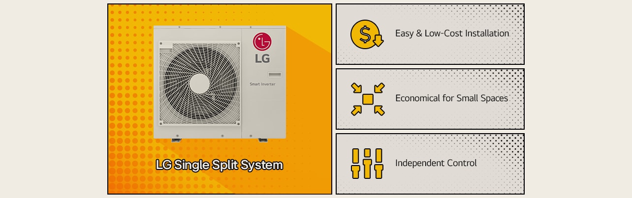 LG Single Split AC: ideal para espacios pequeños, ofrece calefacción y enfriamiento, y es adecuado tanto para uso residencial como comercial.