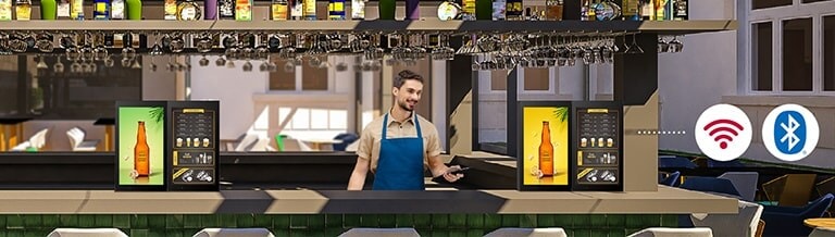 El propietario de la tienda puede distribuir contenido fácilmente y actualizar el firmware mediante una conexión inalámbrica como Wi-Fi o Bluetooth.