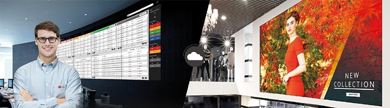 El empleado de LG monitorea de forma remota el VH7J-H instalado en un lugar diferente mediante el uso de la solución de monitoreo de LG basada en la nube.