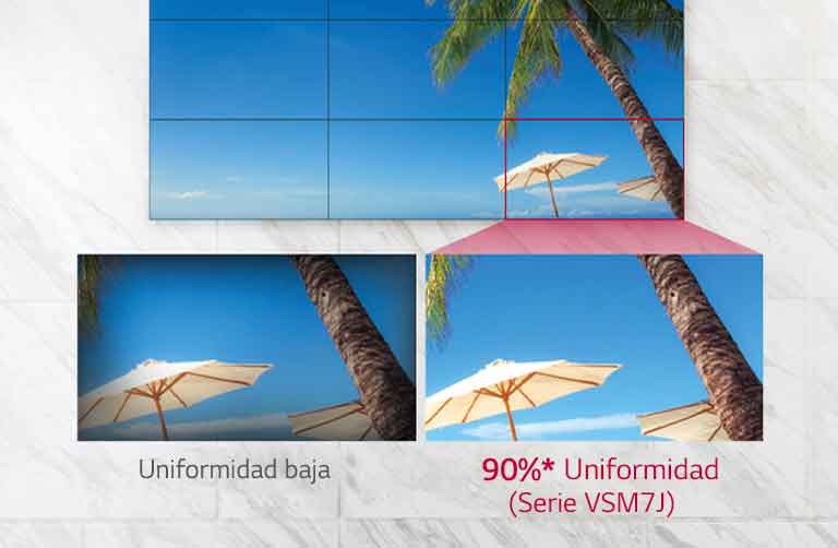 La pantalla de baja uniformidad proyecta una viñeta oscurecida en las esquinas de su bisel, mientras que la serie VSM7J puede mostrar una proyección equilibrada de colores.
