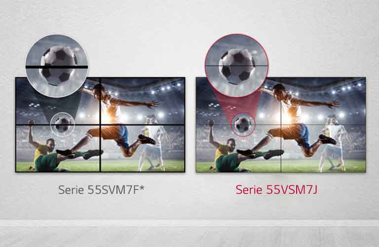La serie 55VSM7J consiste en menos espacios de imagen entre las pantallas de mosaico en comparación con la serie 55SVM5F. Esto mejora la experiencia de visualización del contenido mostrado, ya que minimiza la perturbación visual por los espacios.