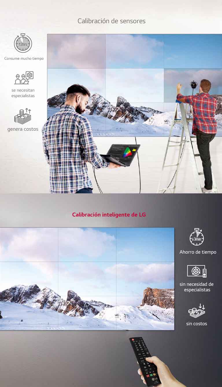 A la izquierda, hay una persona que usa la calibración del sensor para ajustar los colores del videowall a través de un laptop conectado, y otra persona en la escalera está evaluando el error de la pantalla. En contraste, el usuario de LG Smart Calibration a la derecha está ajustando de manera simple y conveniente en un control remoto.