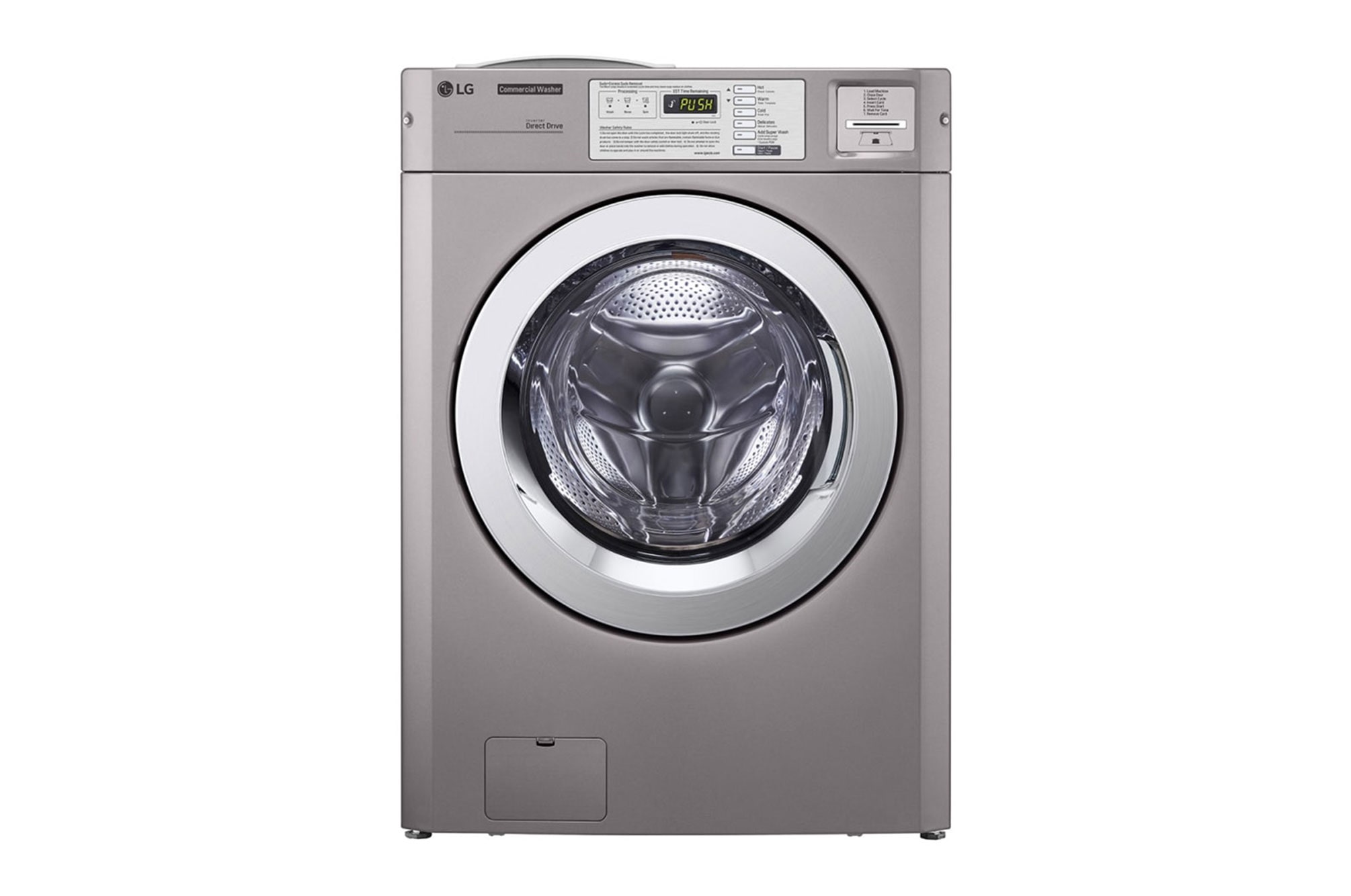 Lavadora comercial LG de carga frontal en color plata