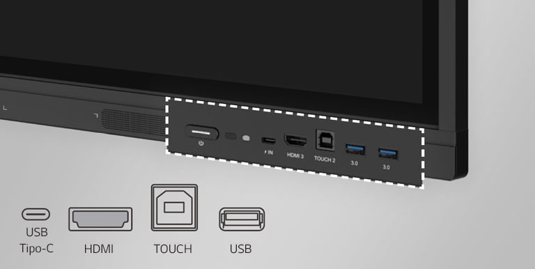 LG CreateBoard tiene puertos en la parte frontal como USB y HDMI.