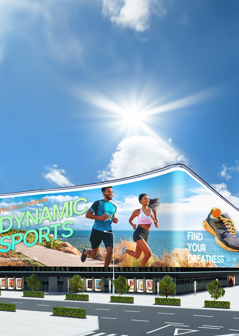 LG Outdoor LED display showcasing a large dynamic sports advertisement with vibrant colors in an urban plaza. High-durability LG LED signage designed for stadiums, outdoor advertising, and large-scale commercial use