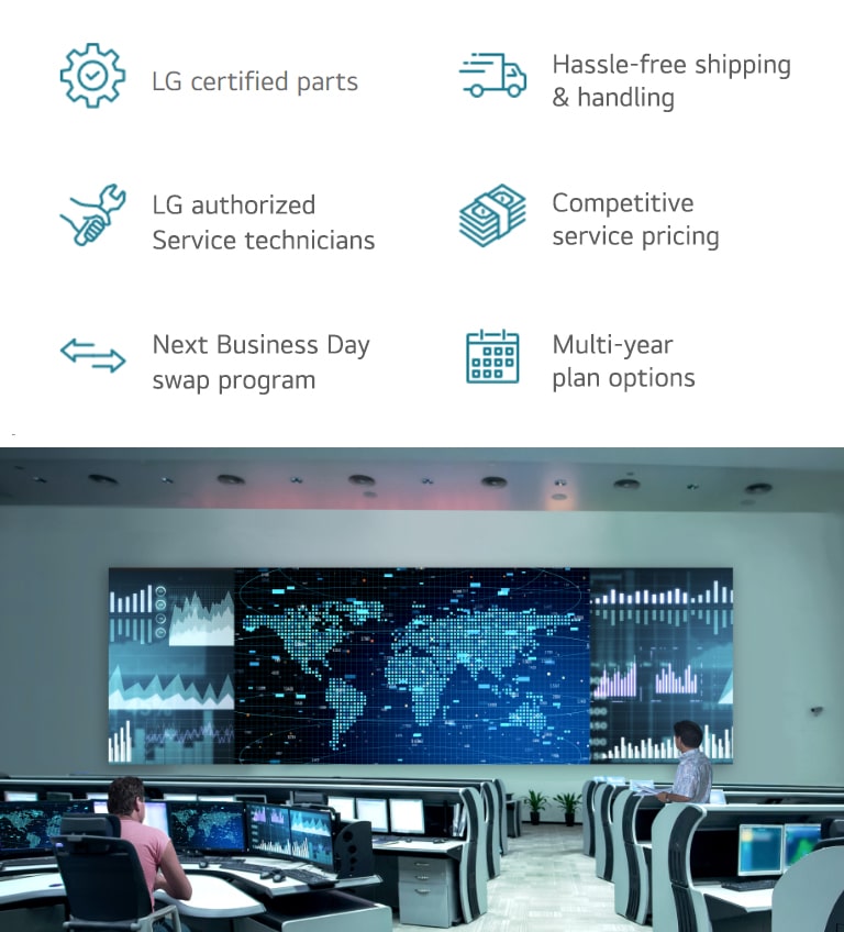 Infografía que muestra las características de LG ExtendedCare: piezas certificadas, técnicos autorizados, envío sin complicaciones, precios competitivos, cambio al siguiente día hábil y planes de varios años. Acompañado de una imagen de una sala de control con pantallas avanzadas de visualización de datos.