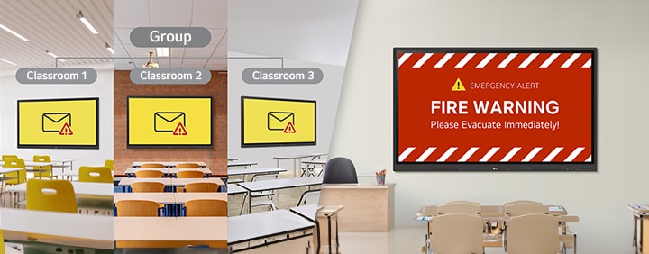 Una de las principales ventajas de LG ConnectedCare (licencia DMS) es la posibilidad de que los administradores envíen mensajes de alerta de emergencia en tiempo real a varias LG CreateBoards o pantallas de señalización digital en las escuelas. Esta imagen demuestra esa habilidad.