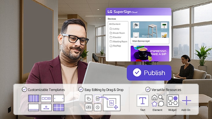 La imagen ilustra un ejemplo de un administrador que publica contenido de forma remota mediante LG SuperSign Cloud.