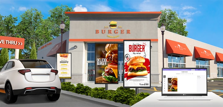 La imagen muestra cómo se distribuyen distintos contenidos, como letreros de menú y anuncios de hamburguesas, a las pantallas de señalización exterior de un local con servicio desde el auto mediante LG SuperSign Cloud.