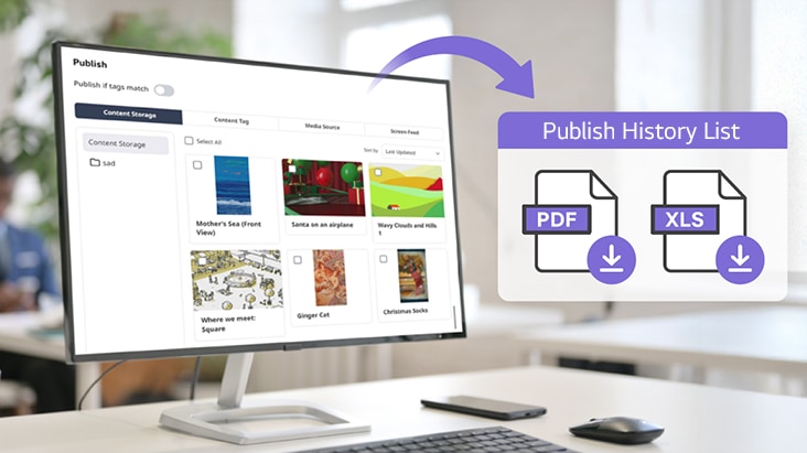 La imagen muestra una función de LG SuperSign Cloud que permite publicar contenido con facilidad y guardar el historial de publicaciones en archivos PDF o Excel.