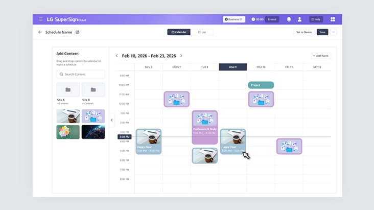 Esta imagen destaca que los programas de contenido se pueden gestionar con facilidad con LG SuperSign Cloud mediante una interfaz intuitiva de arrastrar y soltar.