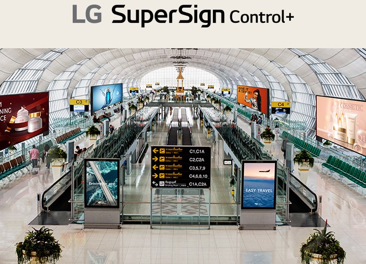 Se instalan varios tipos de pantallas de señalización en el aeropuerto. Dado que las diversas pantallas en un área están conectadas al mismo servidor, pueden ser monitoreadas y controladas desde LG SuperSign Control+.