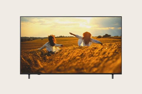 Pantalla comercial LG con imágenes vívidas de niños jugando en un campo de trigo.