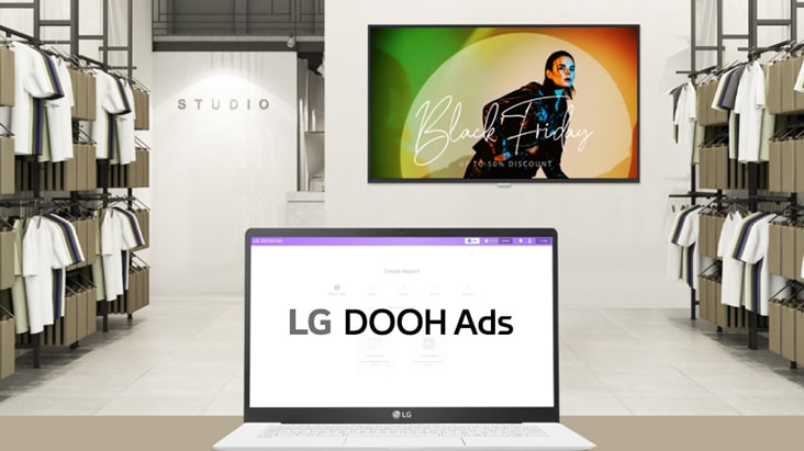 Mediante LG DOOH Ads, contenido publicitario de moda se distribuye de forma remota a señalización digital instalada dentro de una tienda de ropa.