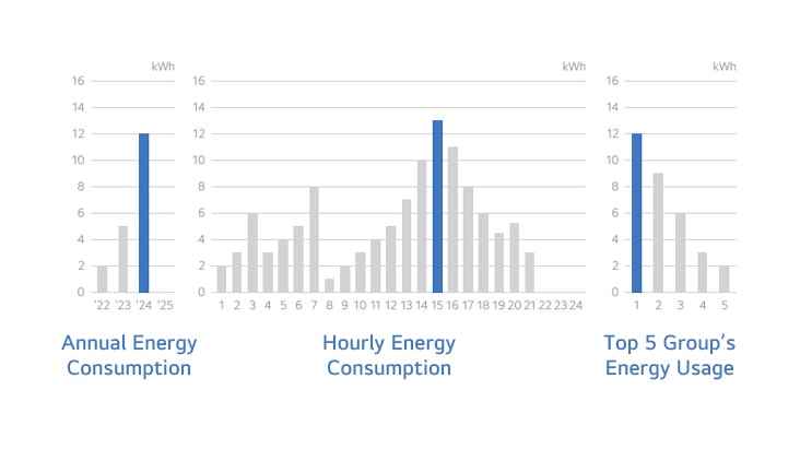 Una imagen de ejemplo muestra el consumo de energía de un espacio de trabajo tanto a nivel anual como por hora, y destaca los cinco grupos principales en un gráfico.