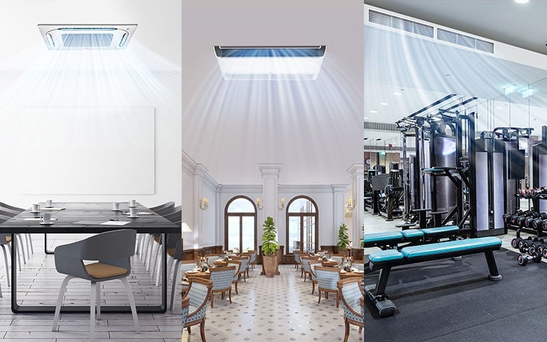 Tres imágenes de una cafetería, un restaurante y un gimnasio con aire acondicionado.