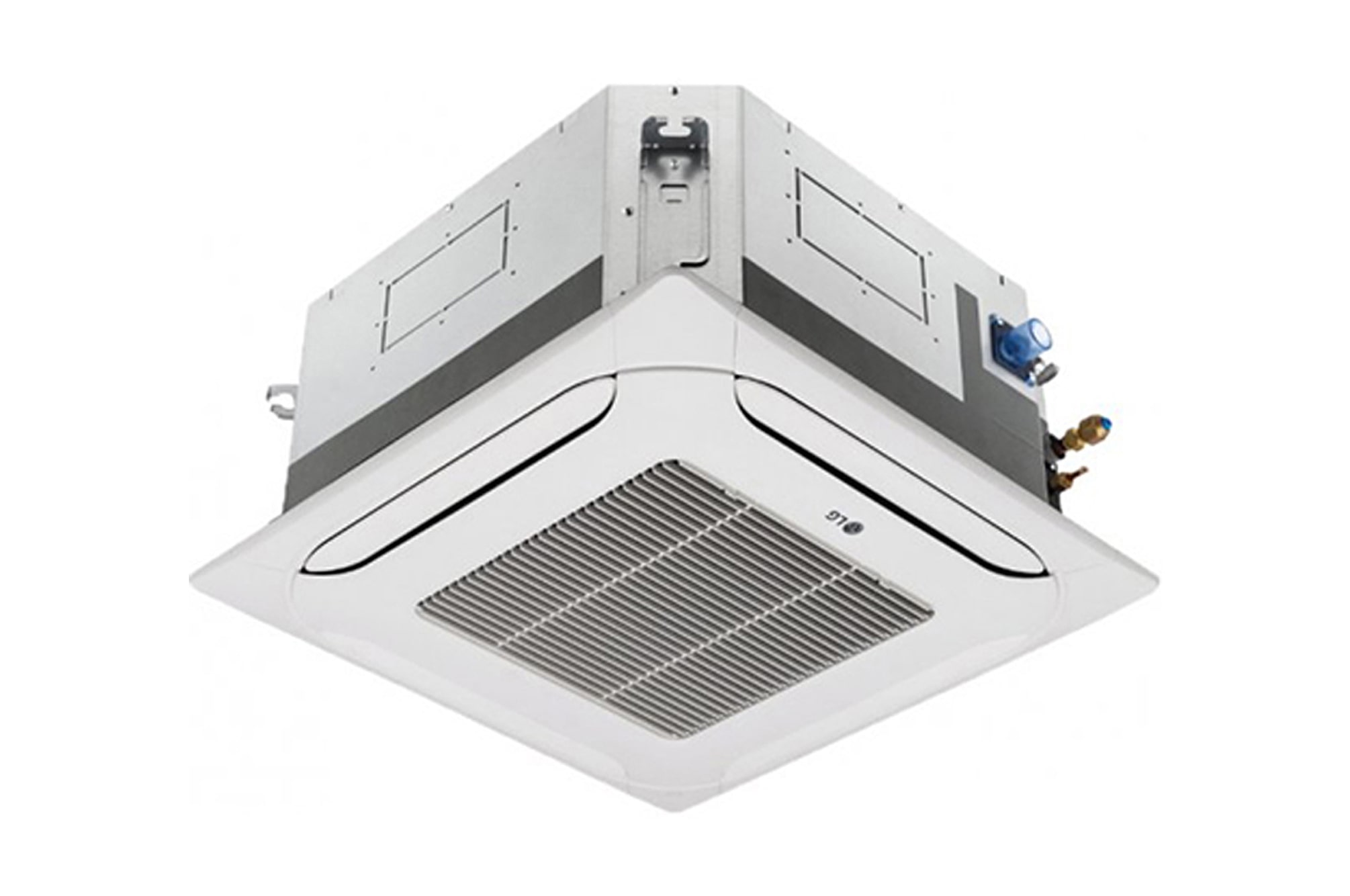 LG Ceiling Cassette ARNU15GTQB4 consiste en una parte superior gris y una parte inferior blanca. En la parte inferior, hay ventiladores en cada una de las cuatro direcciones, lo que permite el flujo de aire.