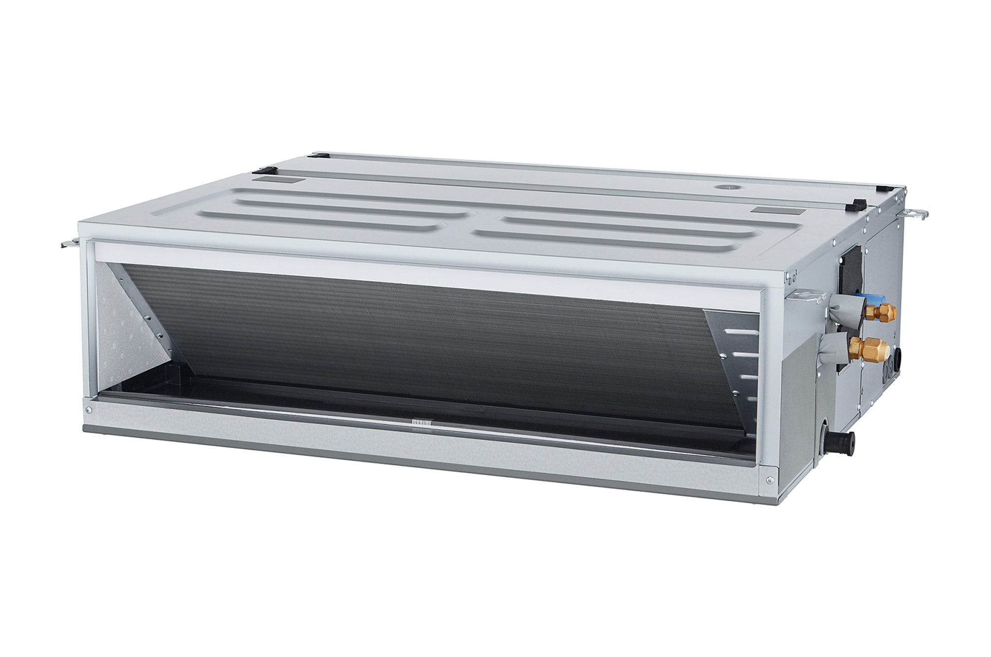 LG Concealed Duct ARNU15GM1A4 is a gray rectangular parallelepiped with some air inlets on the right side and an air outlet vent on the front.