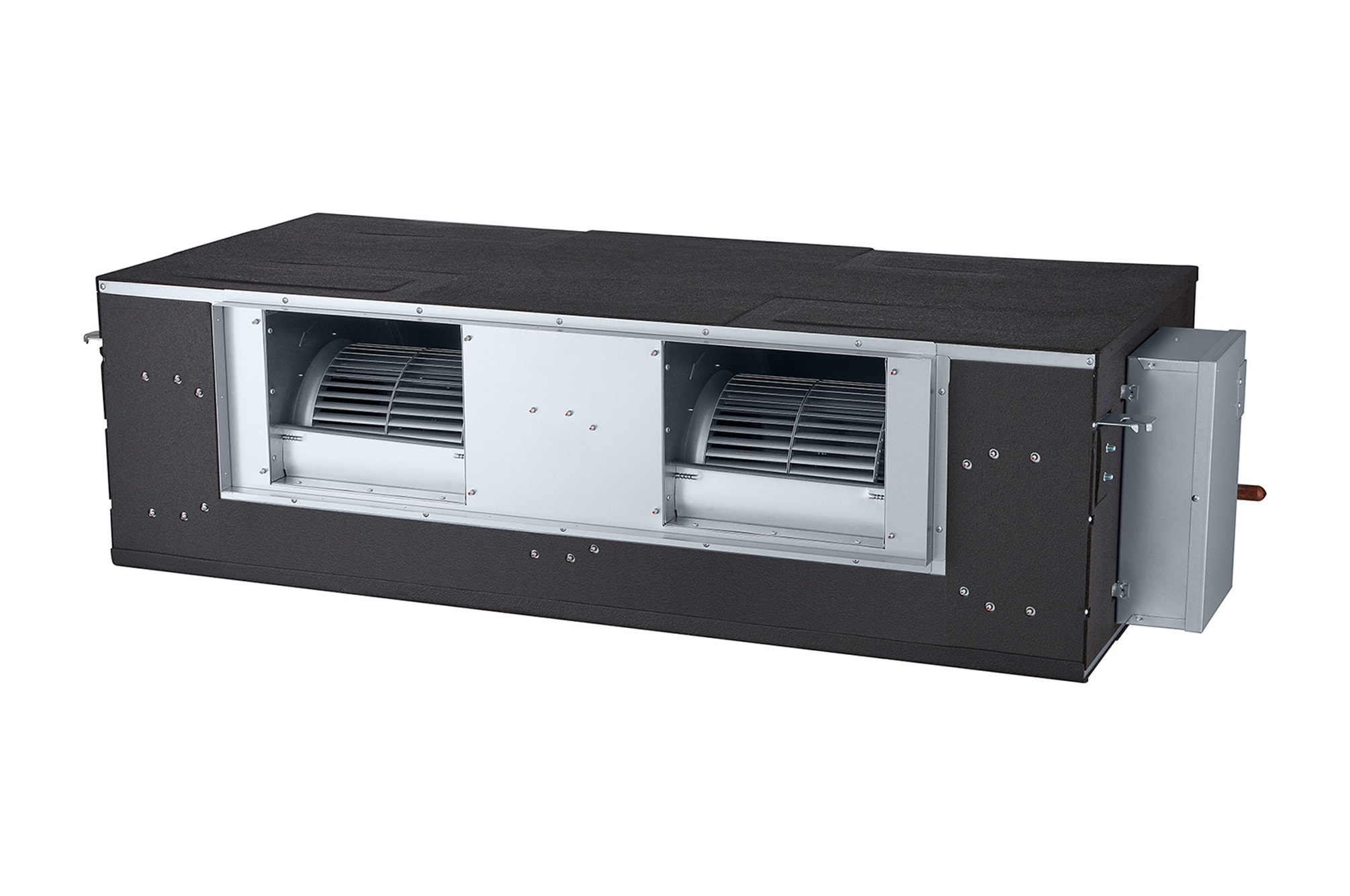 LG Concealed Duct ARNU96GB8A4 es un paralelepípedo rectangular negro con dos salidas de aire en la parte frontal.