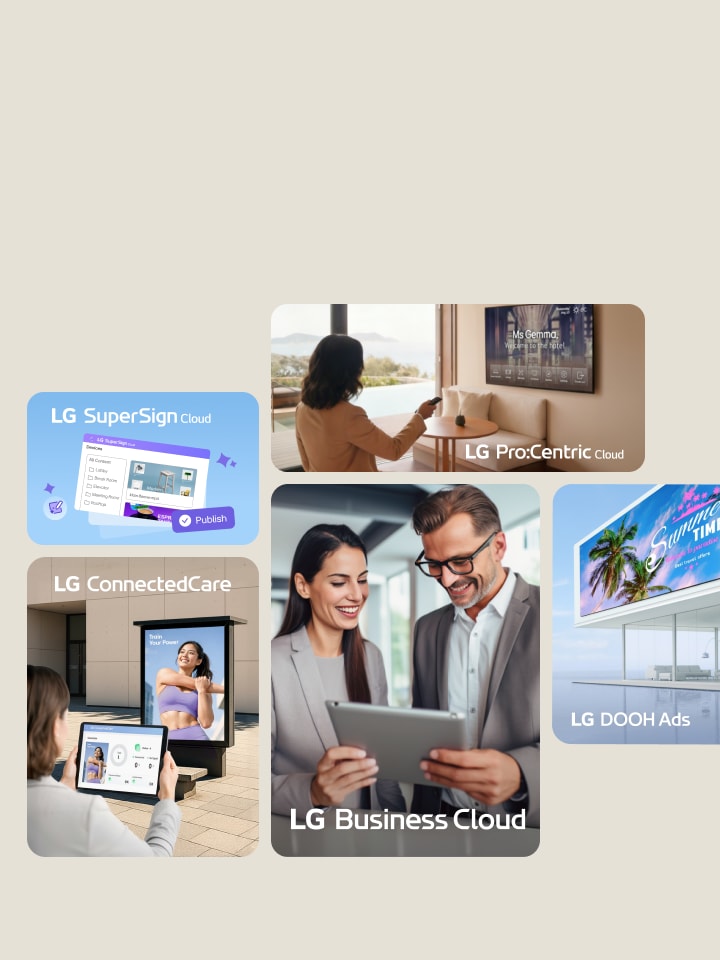 Una ilustración 3D del concepto de LG Business Cloud muestra edificios conectados, pantallas y paneles de datos bajo una gran nube flotante