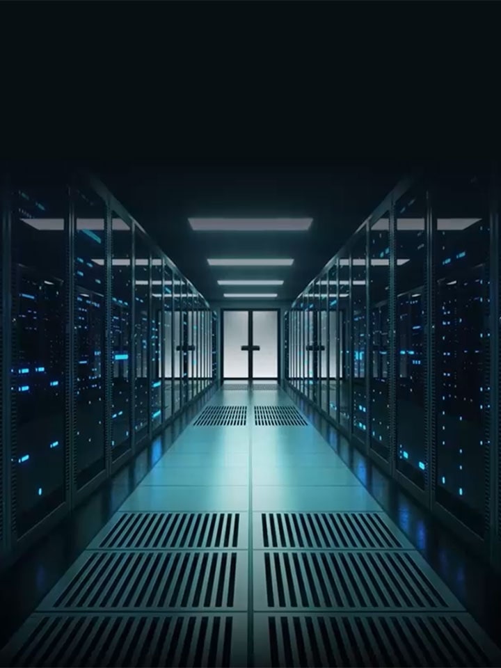 Centro de datos de LG Data Solutions con racks de servidores avanzados e infraestructura digital. Soluciones de TI de alto rendimiento para operaciones empresariales confiables y seguras.