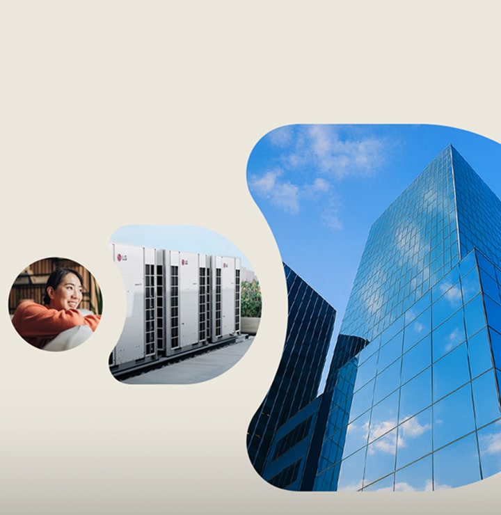 Imagen promocional de HVAC de LG con una mujer sonriente y un gráfico del producto. Life’s Good con tecnología LG diseñada para la comodidad y la sustentabilidad.
