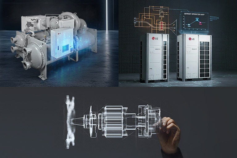 Collage de unidades de climatización LG y un modelo digital 3D brillante de un compresor, que representa la pericia técnica.