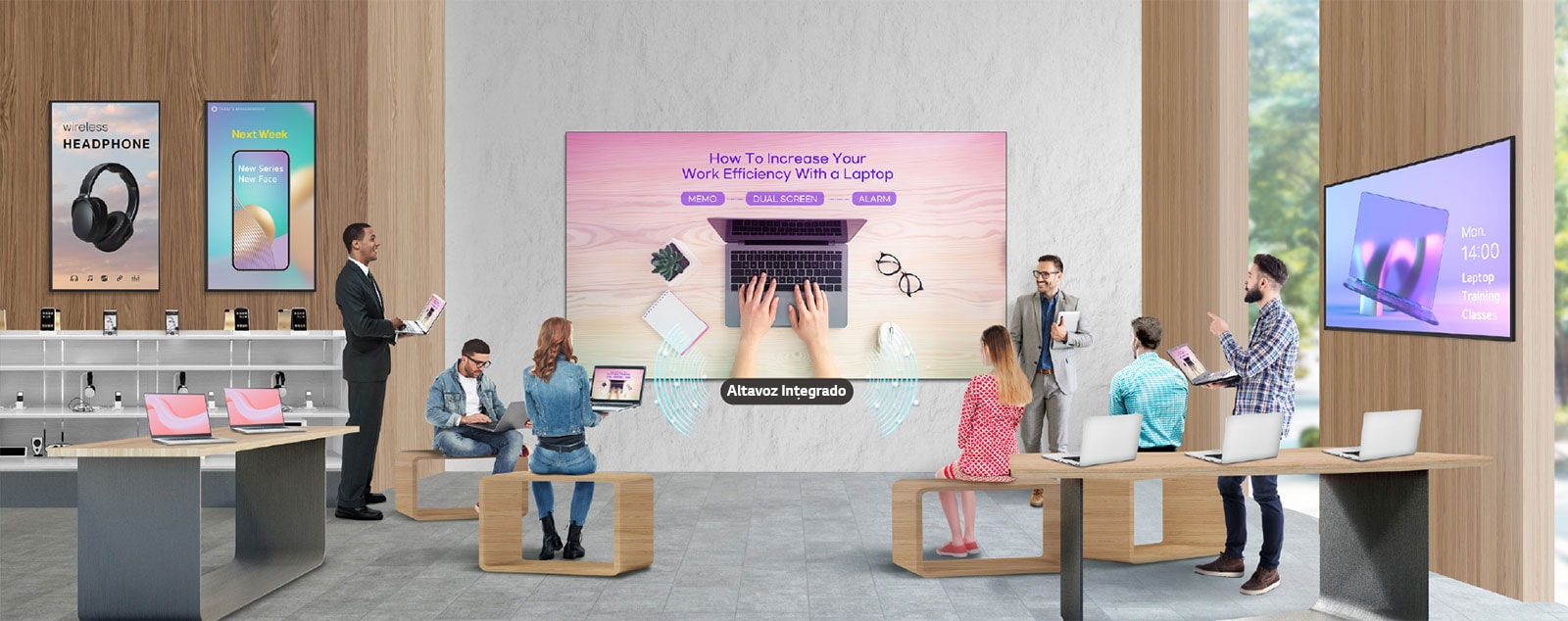 Visualización con audio integrado ideal para retail o demostraciones en tienda.