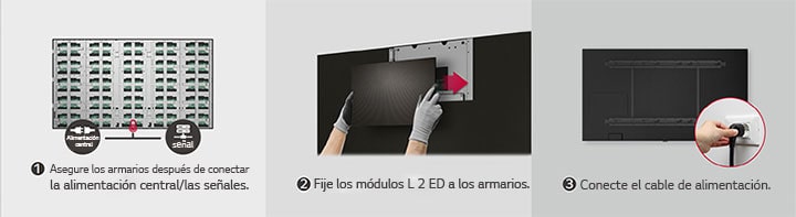 Tres pasos simples: fijar gabinetes, montar módulos y conectar energía.
