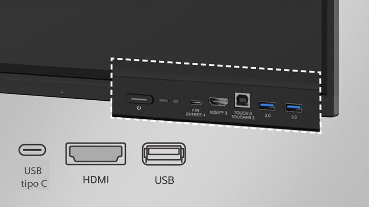 Puertos frontales de fácil acceso como HDMI y USB visibles.