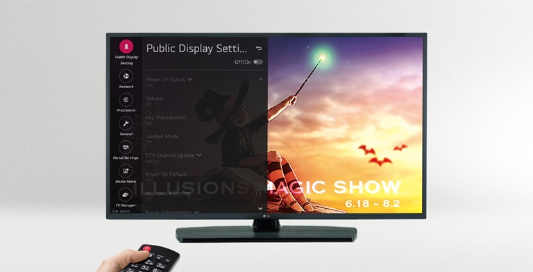 A person is controlling the TV settings with Public display mode.