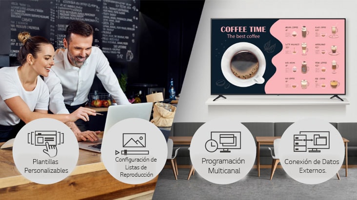 Gestión de contenido sencilla con LG SuperSign CMS para tiendas y cafés.