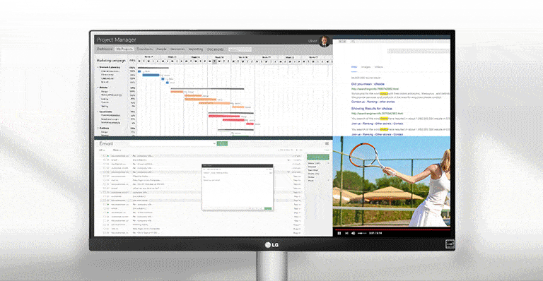 Pantalla UltraWide™ Full HD ofrece 33 % más ancho que FHD, permitiendo ver más y multitarea sin cambiar de apps.