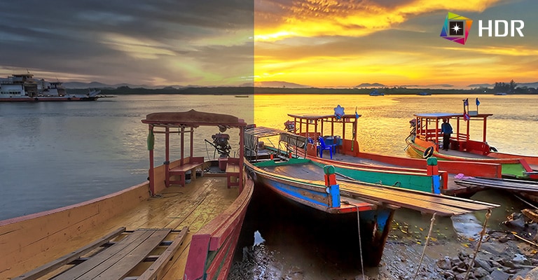 HDR, que admite niveles específicos de color y brillo, en comparación con SDR con colores dramáticos del contenido.