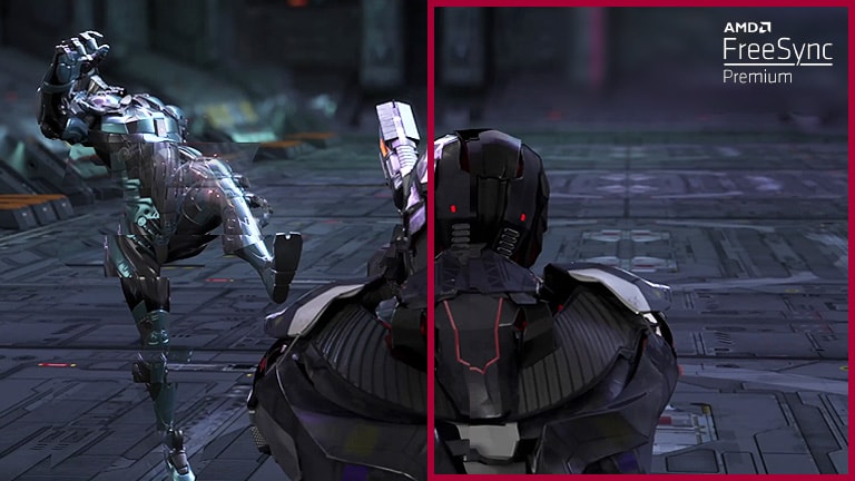 En el juego FPS de ritmo rápido, el jugador se mueve alrededor de 3 oponentes atacando y disparando en contra, mientras la fragmentación de la pantalla y la obturación en el movimiento del oponente aparecen con el modo Freesync™ Premium apagado, en comparación con otra escena de movimiento sin problemas con el modo Freesync™ Premium activado. En el juego FPS de ritmo rápido, el jugador se mueve alrededor de 3 oponentes atacando y disparando en contra, mientras la fragmentación de la pantalla y la obturación en el movimiento del oponente aparecen con el modo Freesync™ Premium apagado, en comparación con otra escena de movimiento sin problemas con el modo Freesync™ Premium activado.