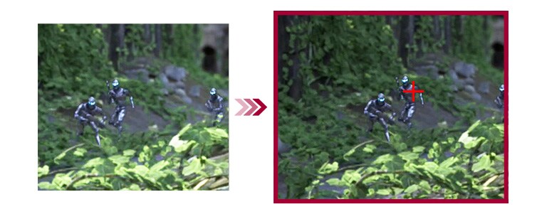 Una comparación de dos escenas de juego entre el modo convencional y el modo Crosshair, que ayuda a apuntar mejor