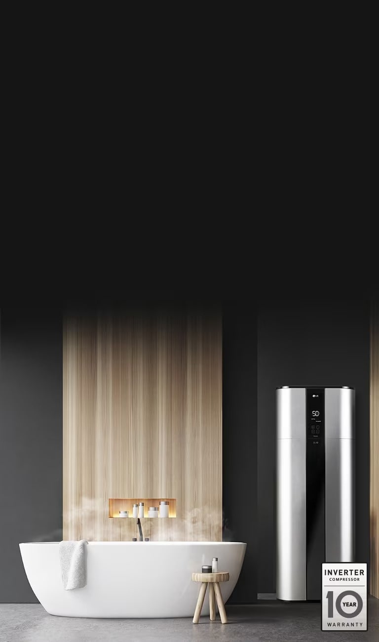 LG Warmwasser-Wärmepumpe, installiert in einem modernen Badezimmer neben einer dampfenden Badewanne.