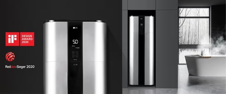 LG Warmwasser-Wärmepumpe in einem modernen Badezimmer installiert, heizt das Wasser auf bis zu 75 °C.	