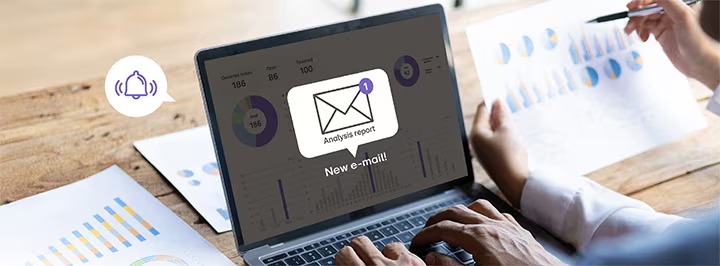 Ein Beispielbild zeigt, wie Benutzer einen Signage-Analysebericht per E-Mail über die LG ConnectedCare-Lösung erhalten.