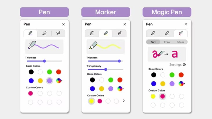 Eine Ansicht der Einstellung für die Werkzeuge Stift, Marker und Magic Pen.